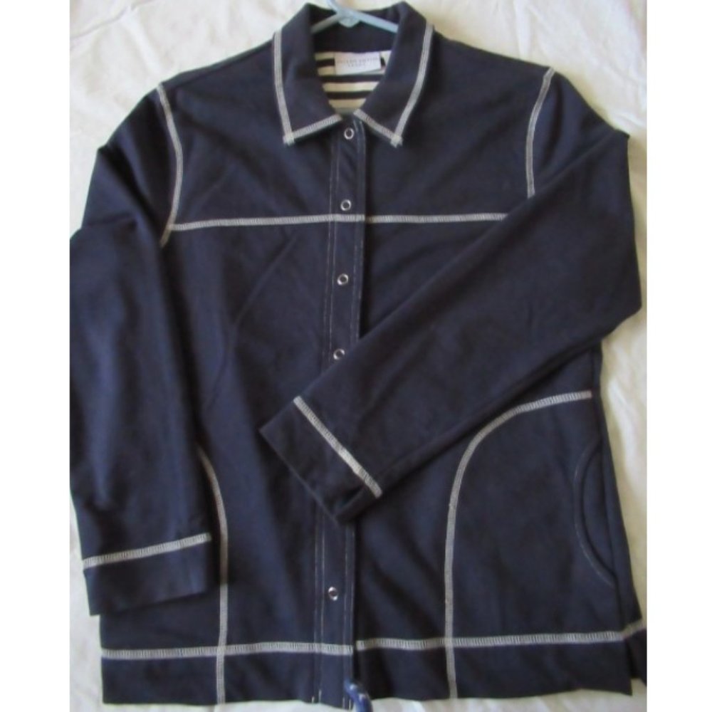 casual jacket; soft-weave; snap-close; white-seamed navy